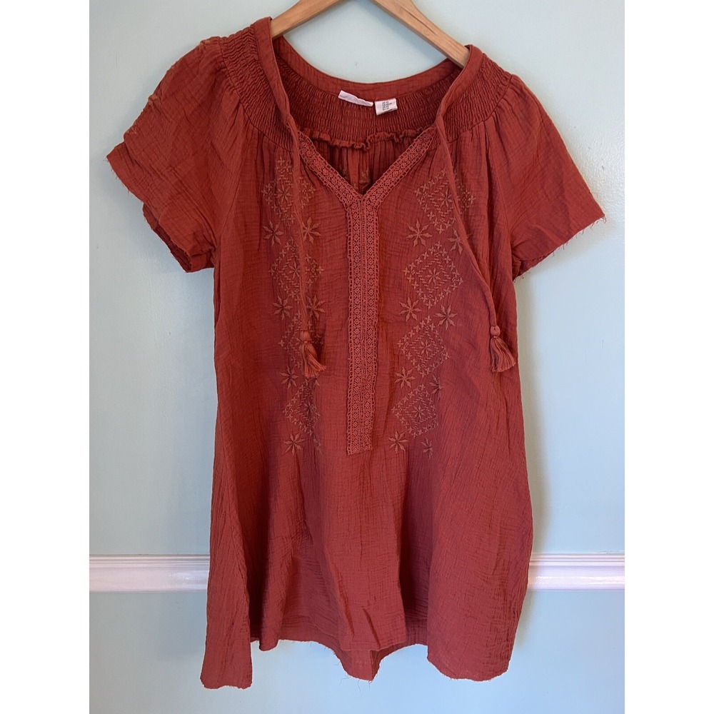 LUCKY BRAND XS orange embroidered tunic top Short Sleeve